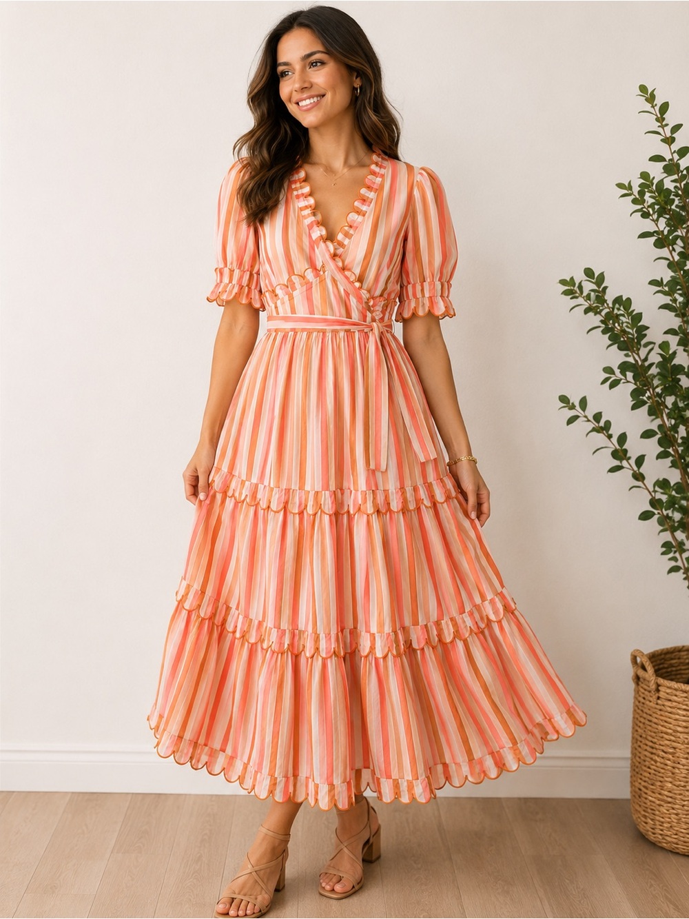JessaKae Coral and Peach Striped Maxi Wrap Dress